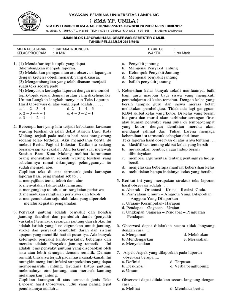 Soal Uraian Teks Laporan Hasil Observasi Kelas X - Berbagai Teks Penting