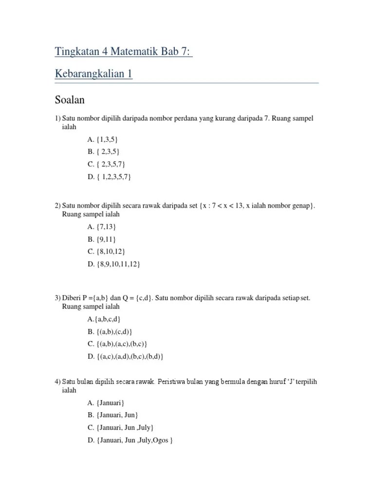 Jawapan dan penyelesaian:(a)ruang sampel, s= {(c, o1), (c, o2), (c, l), …. Soalan Tubic F4 Matematik Bab 7 Kebarangkalian 1 Pdf