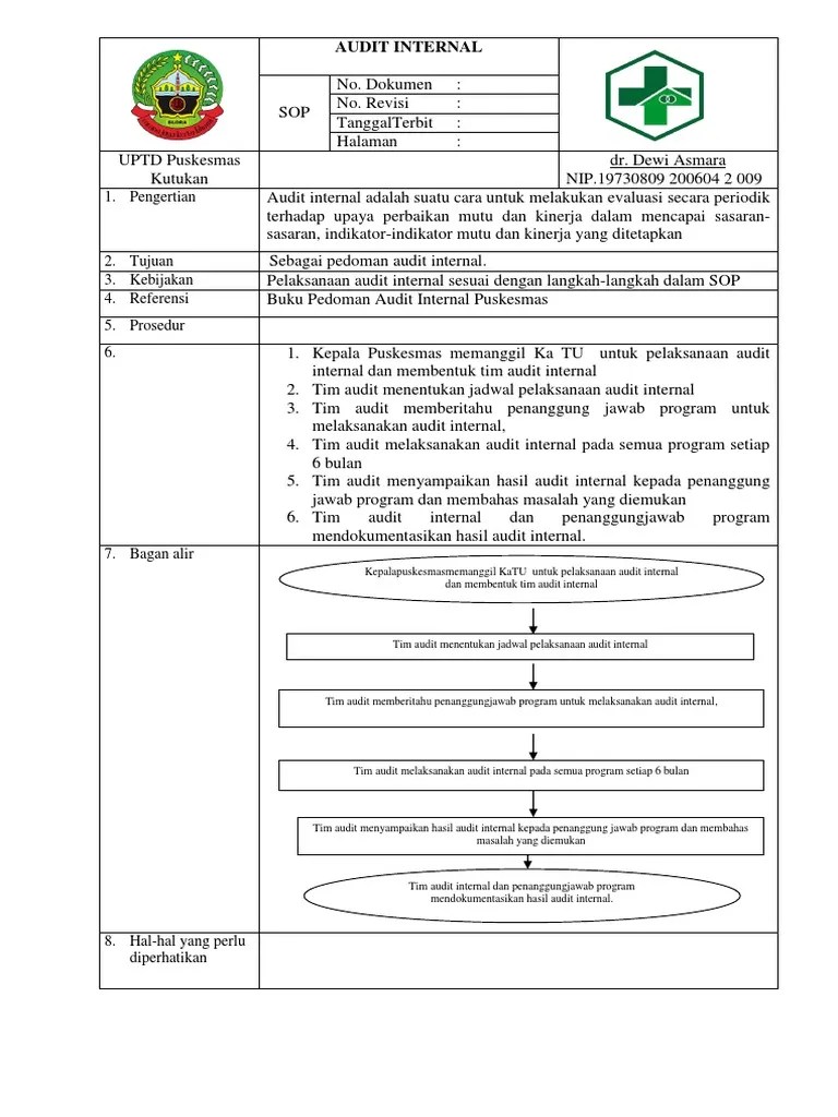 audit internal ialah merupakan fungsi penilaian dengan secara independen di dalam suatu organisasi untuk dapat mengetes serta juga untuk melakukan evaluasi terhadap kegiatan atau program yang dijalankan. Sop Audit Internal Pusk Kutukan