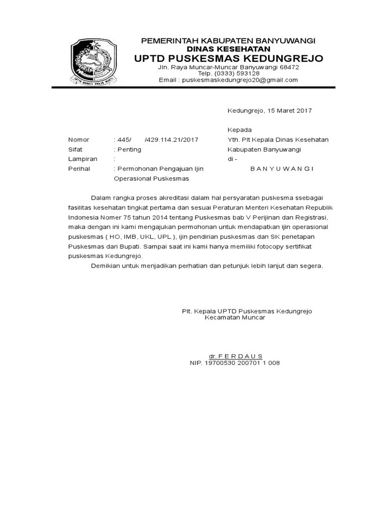 Mengisi formulir surat permohonan (contoh formulir terlampir) b. Surat Permohonan Pengajuan Ijin Operasional Puskesmas Pdf