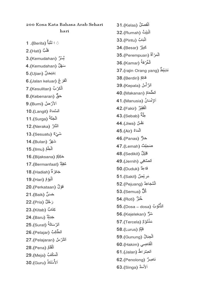 200 Kosa Kata Bahasa Arab Sehari Hari | PDF | Bahasa-bahasa-bahasa di Asia  Tenggara | Indonesia