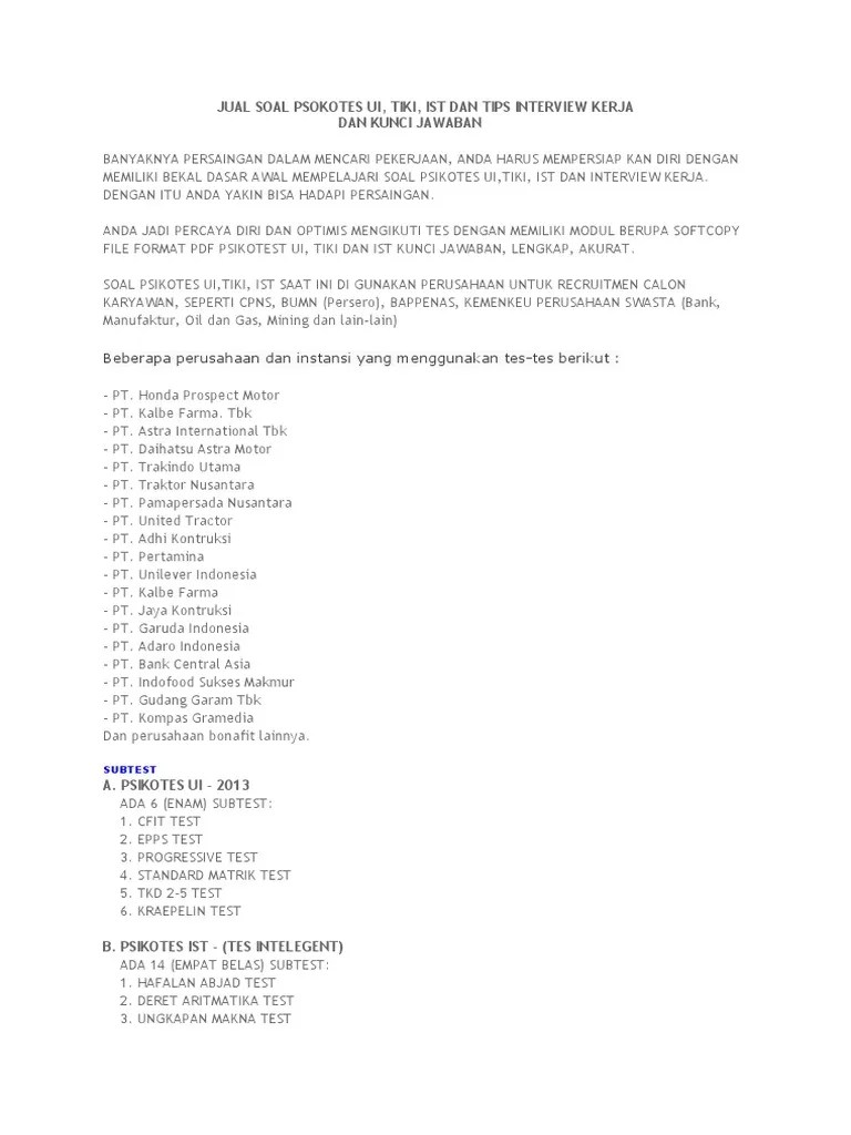 Disc tergolong tinggi yaitu 0.89 . Psikotes Cfit Ist Disc Tiki Epps Blit Shl Spm Apm Papi Mbti Wartegg Pdf