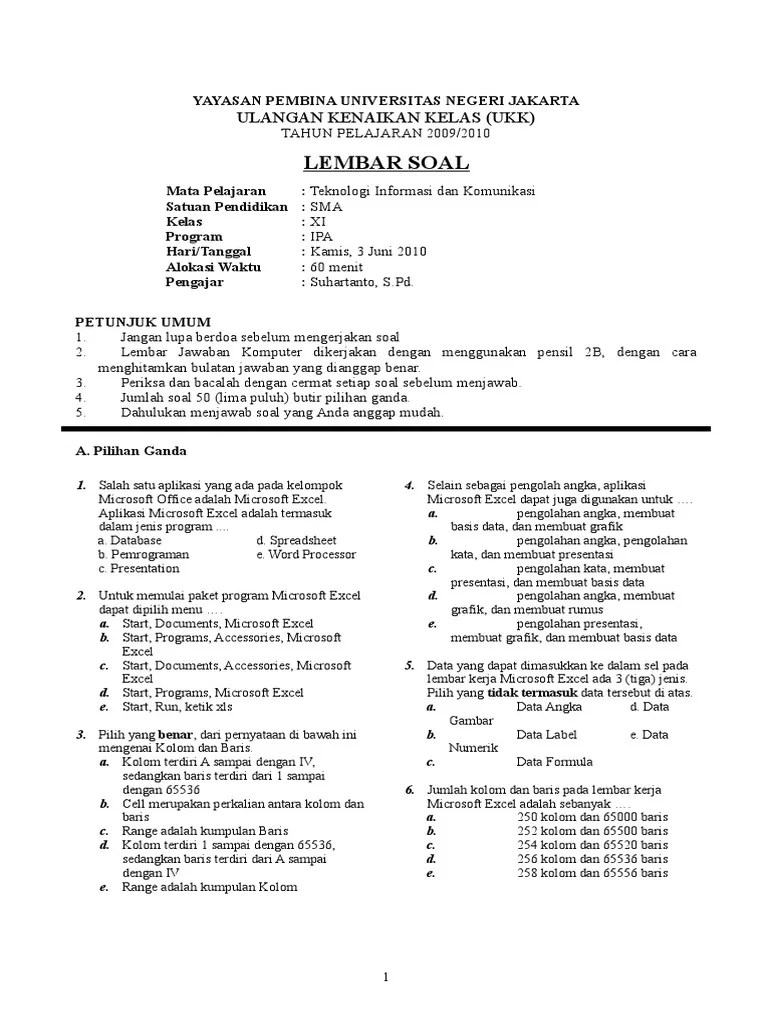 14.12.2013 · kumpulan soal tik 50 soal pilihan ganda; Soal Dan Jawaban Tik Tentang Microsoft Excel Kelas Xi Beinyu Com