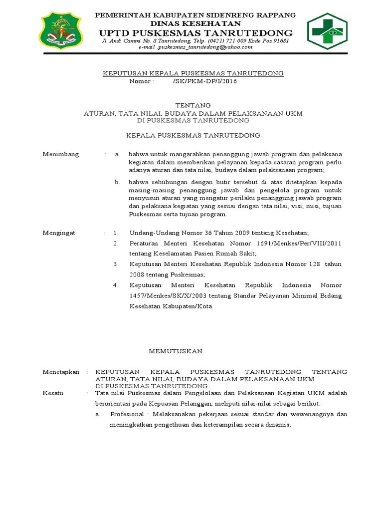 Daftar surat keputusan puskesmas no judul sk ep 1 sk tentang hak dan kewajiban. 5 7 2 1 Sk Aturan Tata Nilai Budaya Dlm Pelaksanaan Ukm Pkm Pdf