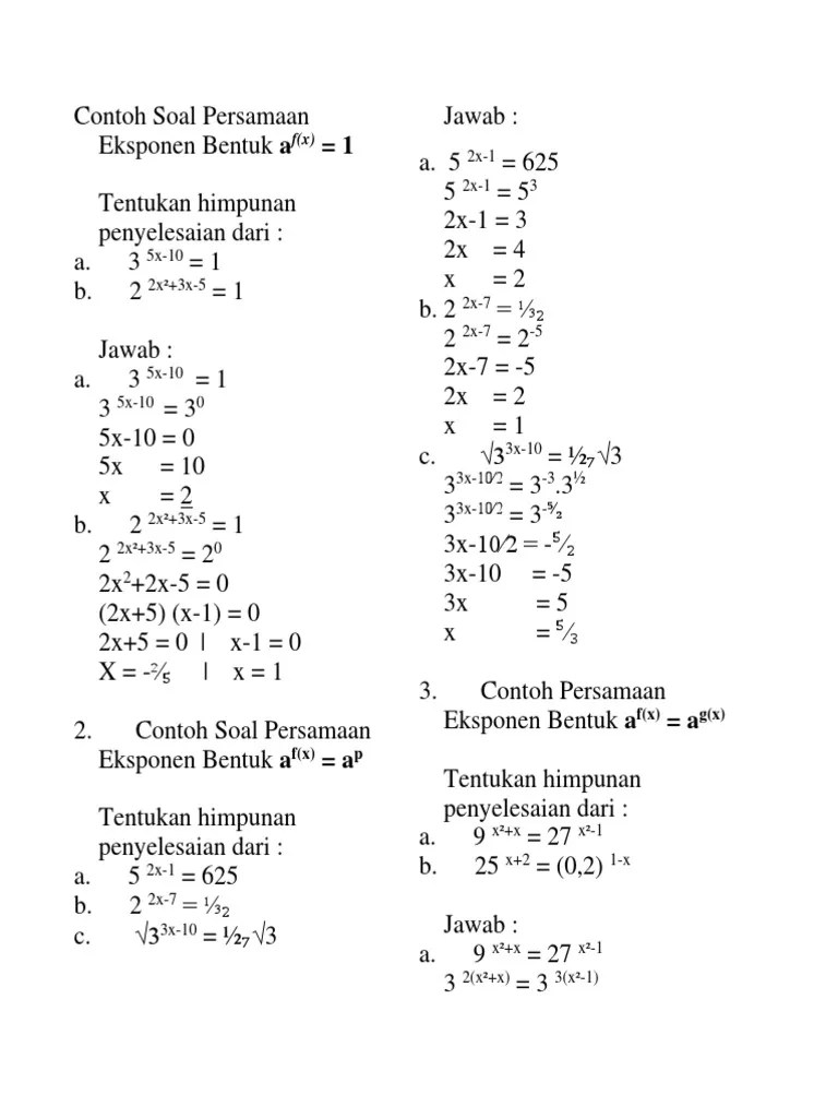 Contoh soal eksponen kelas 10 dan pembahasannya doc kumpulan. Bentuk Persamaan Eksponen Dan Contoh Soal H X Beinyu Com