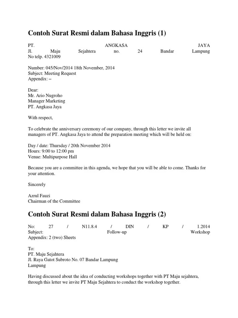 Contoh sederhana informal letter … Contoh Surat Formal Bahasa Inggris