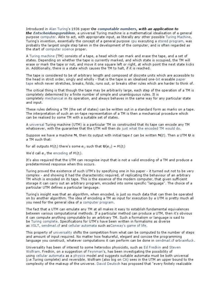 Turing's Universal Machine | PDF | Automata Theory | Algorithms