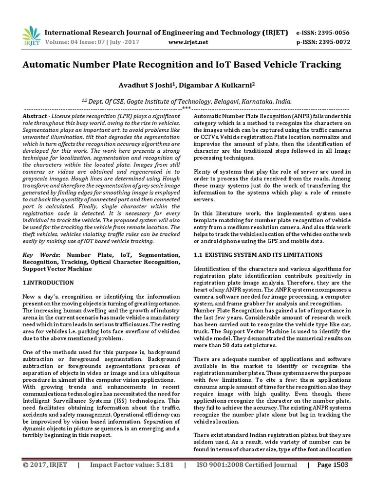 Automatic Number Plate Recognition And IoT Based Vehicle Tracking | PDF | Image Segmentation ...