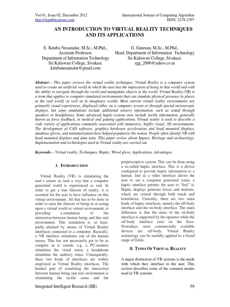 Virtual Reality Techniques And Applications: An Introduction To ...