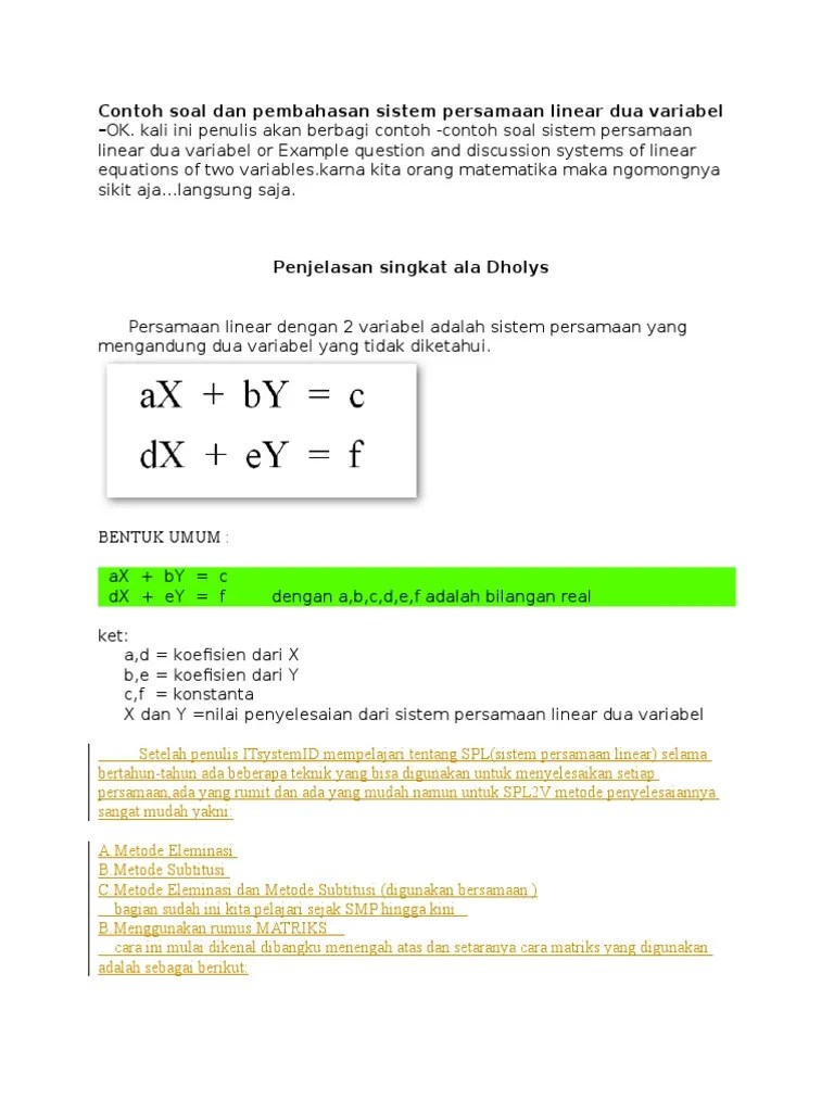 Contoh Soal Dan Pembahasan Sistem Persamaan Linear Dua Cute766