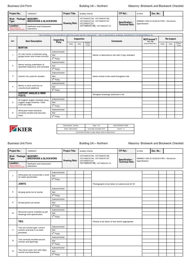 Checklist-Masonry - Brickwork And Blockwork | PDF | Specification ...