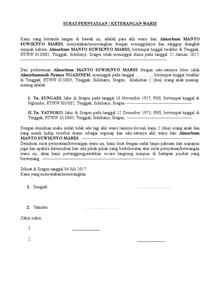 Surat keterangan ahli waris ini sebenarnya sangatlah penting untuk membuktikan bahwa seseorang memang benar ahli waris yang sah dari pewaris. Surat Pernyataan Meninggal Dunia Dari Ahli Waris ...