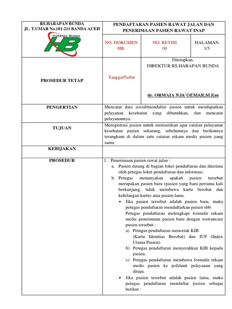 1.2 Sop Pendaftaran Pasien Rawat Jalan Dan Penerimaan Pasien Rawat Inap |  PDF