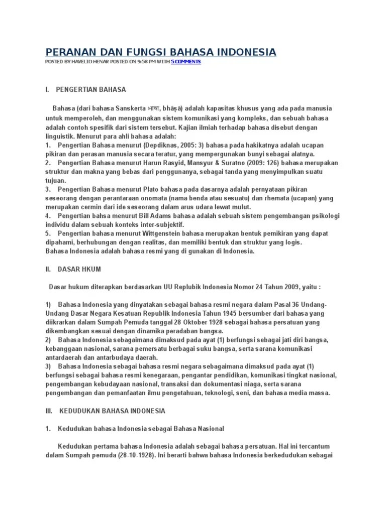Peranan Dan Fungsi Bahasa Indonesia | PDF
