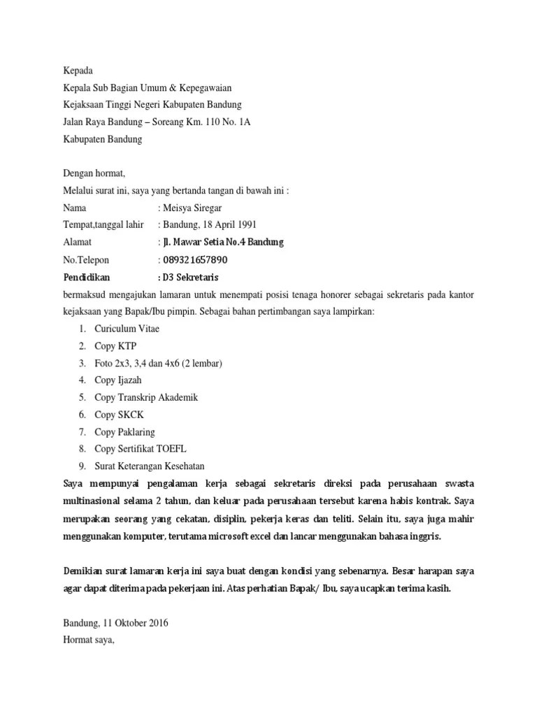 Contoh Surat Lamaran Kerja Honorer Di Pengadilan Agama Contoh Seputar Surat 
