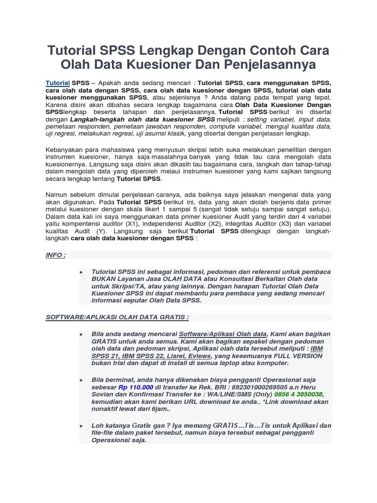 Tutorial SPSS Lengkap Dengan Contoh Cara Olah Data Kuesioner Dan  Penjelasannya | PDF