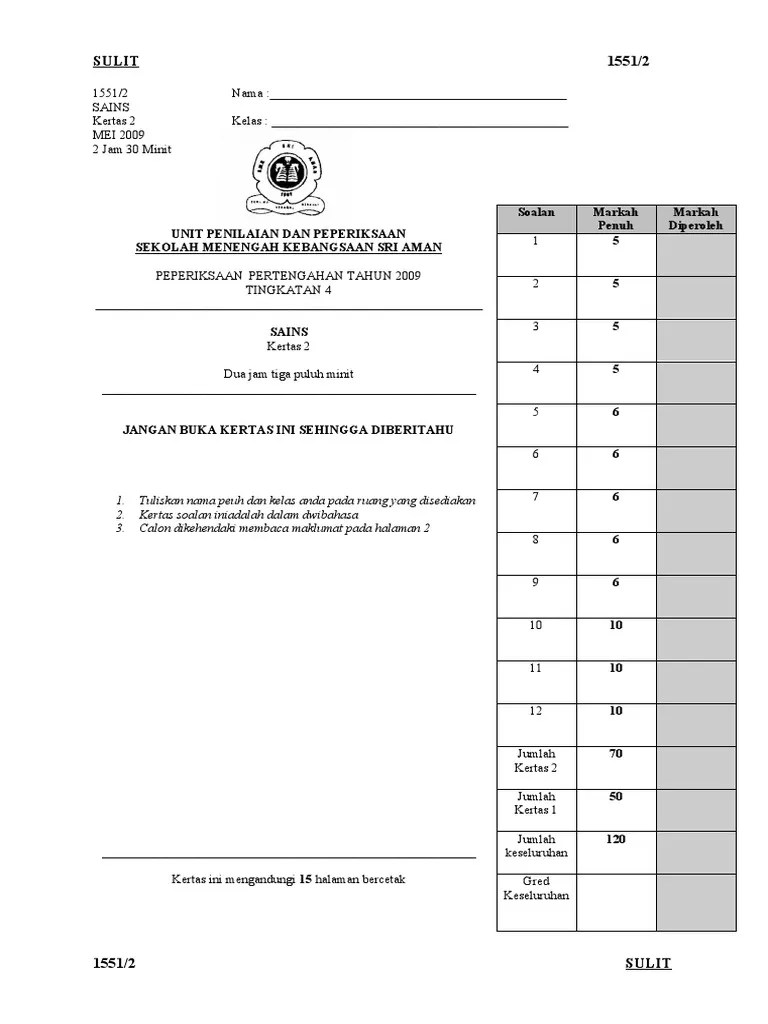 Peperiksaan Pertengahan Tahun Sains Tingkatan 4