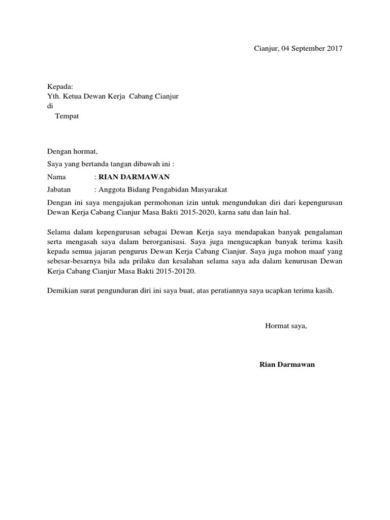 Contoh surat pengunduran diri dari organisasi masyarakat from i1.wp.com contoh surat pengunduran diri kerja karyawan contoh surat pengunduran diri doc surat pengunduran diri kerja atau resign letter adalah surat pernyataan bahwa seseorang. Contoh Surat Pengunduran Diri Dewan Kerja Cabang Edukasi Lif Co Id