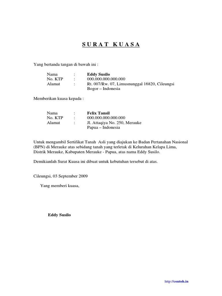Bingung dengan cara menulis surat kuasa untuk mengambil bpkb? Contoh Surat Kuasa Pengambilan Sertifikat Tanah Di Bpn