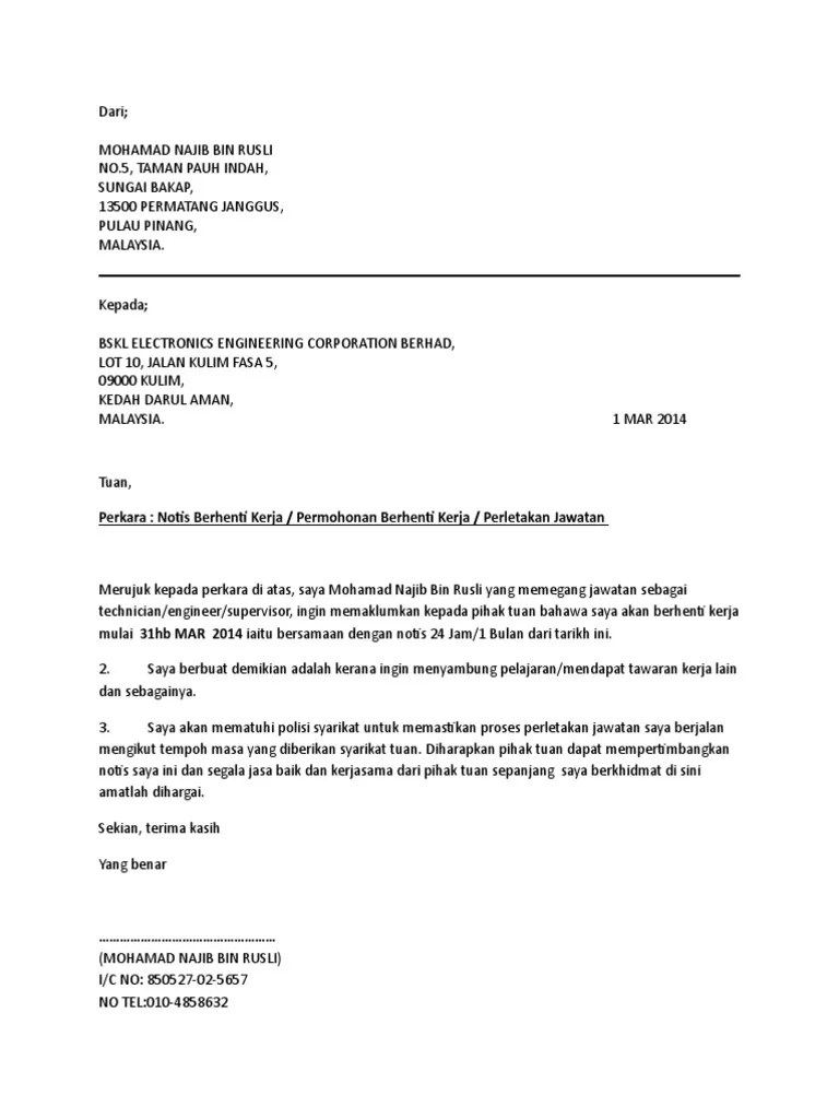 Surat rasmi untuk berhenti kerja terbaik dalam bahasa melayu dan inggeris. Contoh Notis Surat Berhenti Kerja Dan Juga Perletakan Jawatan Pdf