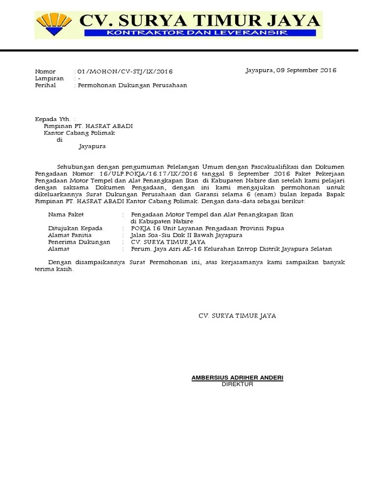Contoh Surat Dukungan Pengadaan Barang - Contoh Surat Resmi Gratis