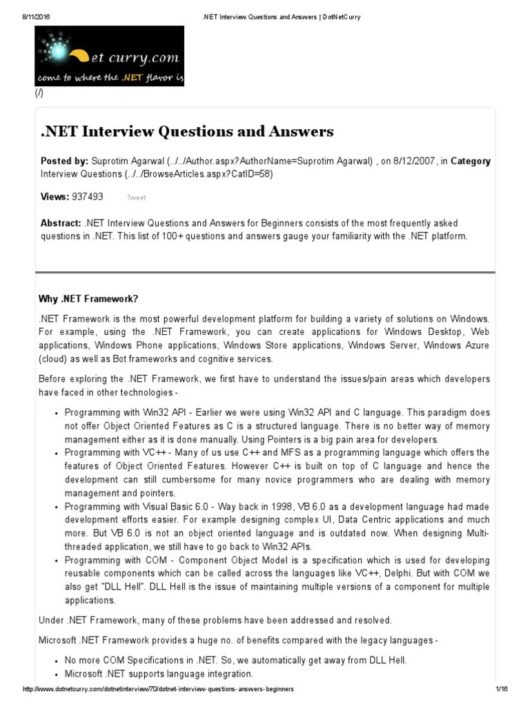 NET Interview Questions And Answers - DotNet | PDF | Component Object ...