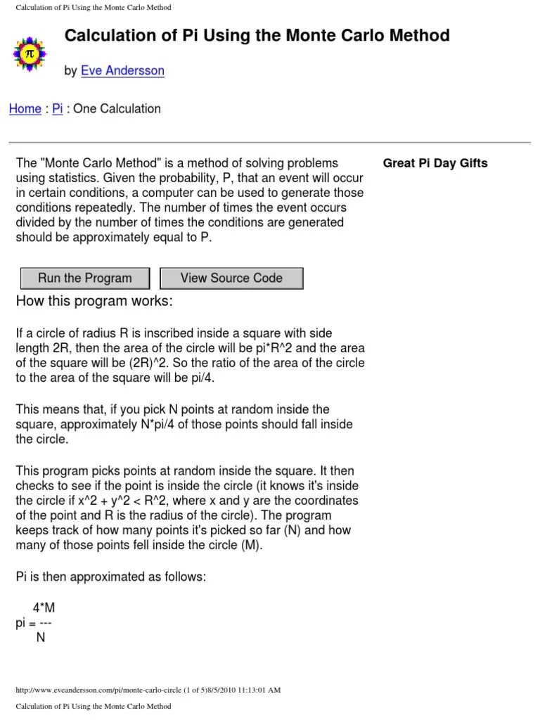 Calculation Of Pi Using The Monte Carlo Method | PDF | Pi | Area