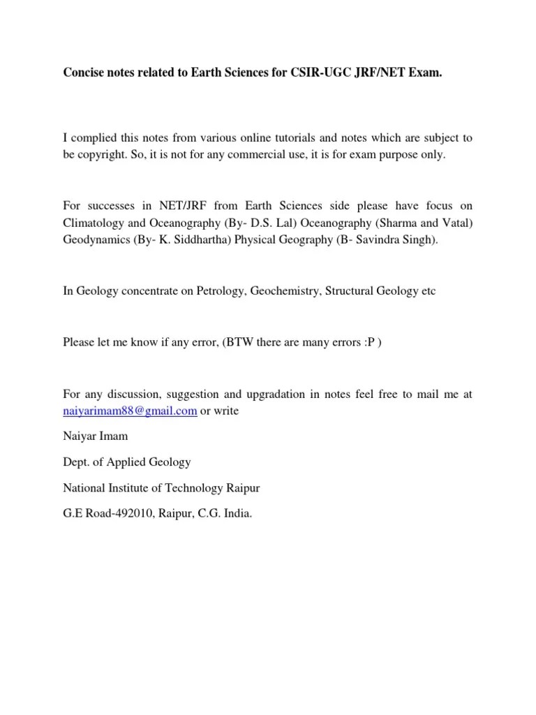 Earth Sciences Notes Csir-Ugc Net JRF | PDF | Rock (Geology) | Sedimentary Rock