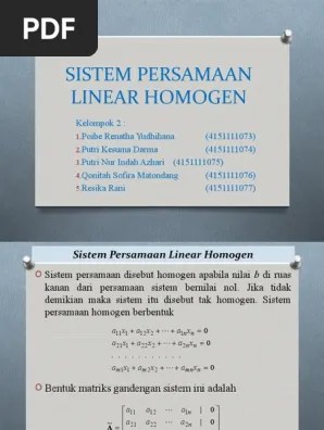 2x + y + 3z = 0. Kelompok 2 Aljabar Linier Elementer 1 Sistem Persamaan Linier Homogen