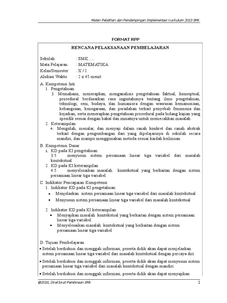 Contoh rpp matematika smk kelas x, xi, xii semester 1 dan 2 kurikulum 2013. Rpp Matematika Smk Kelas Xi Document