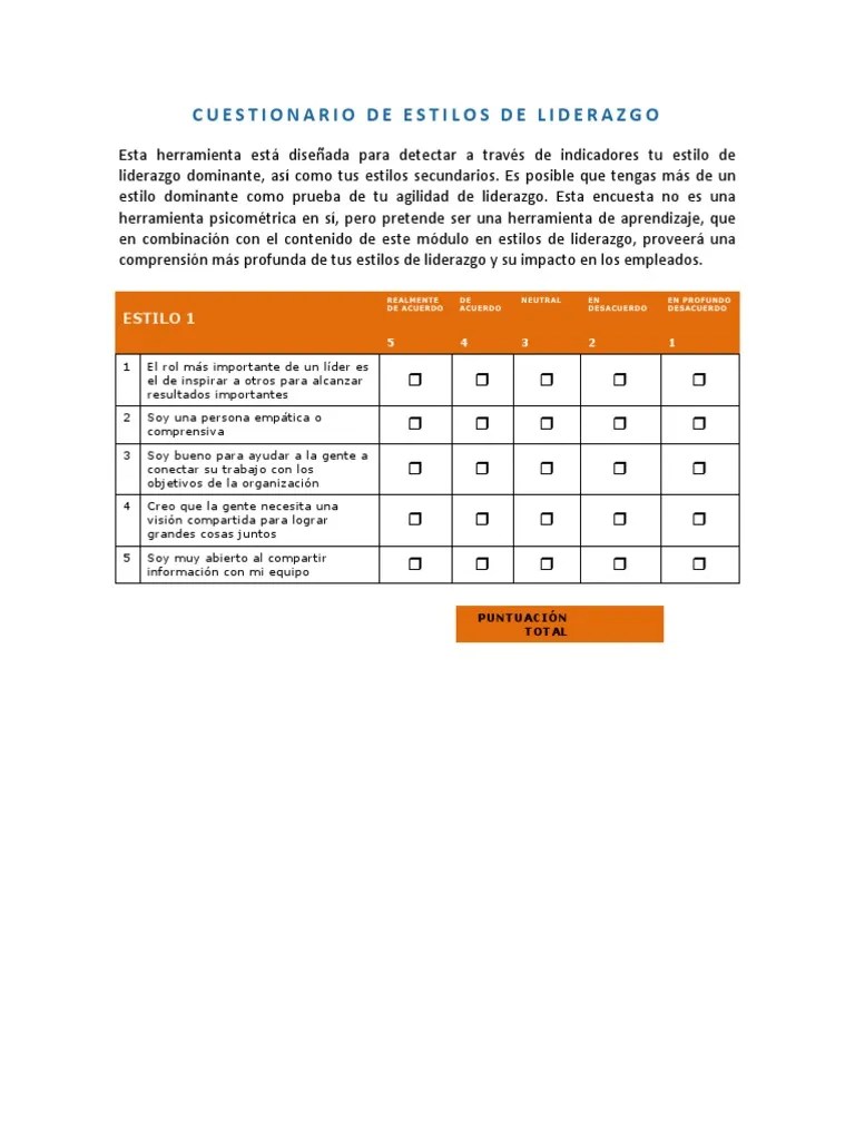 Cuestionario De Estilos De Liderazgo | PDF | Liderazgo | Psicología Aplicada