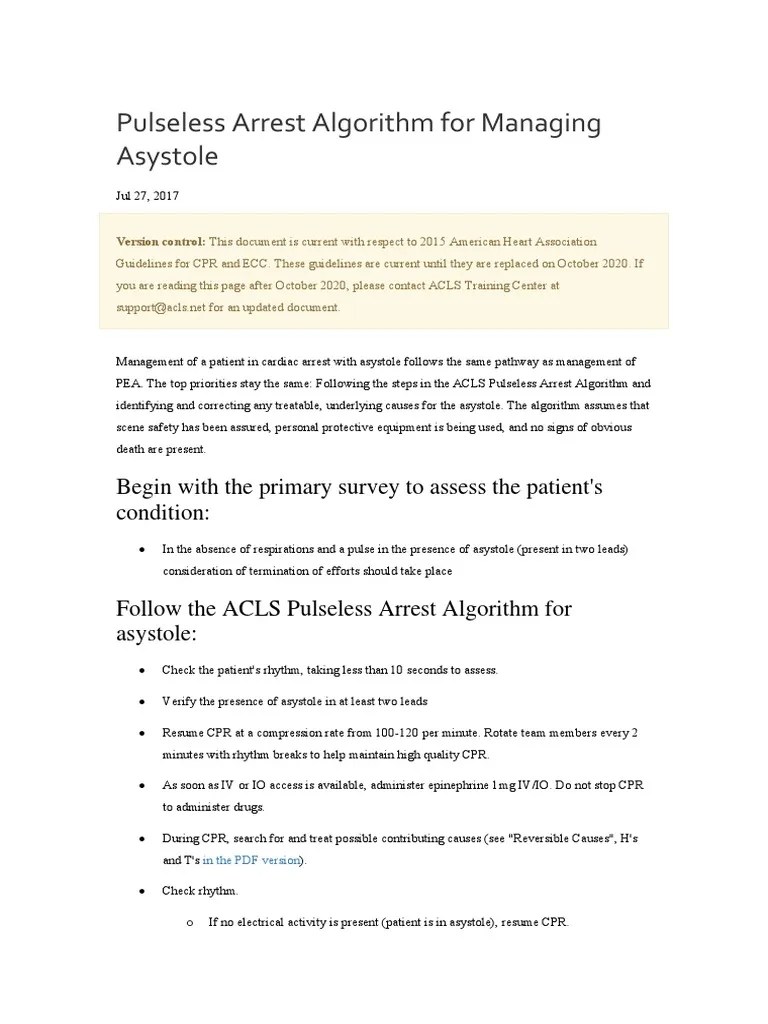 ACLS PEA Asystole Algorithm | PDF | Cardiopulmonary Resuscitation | Cardiology