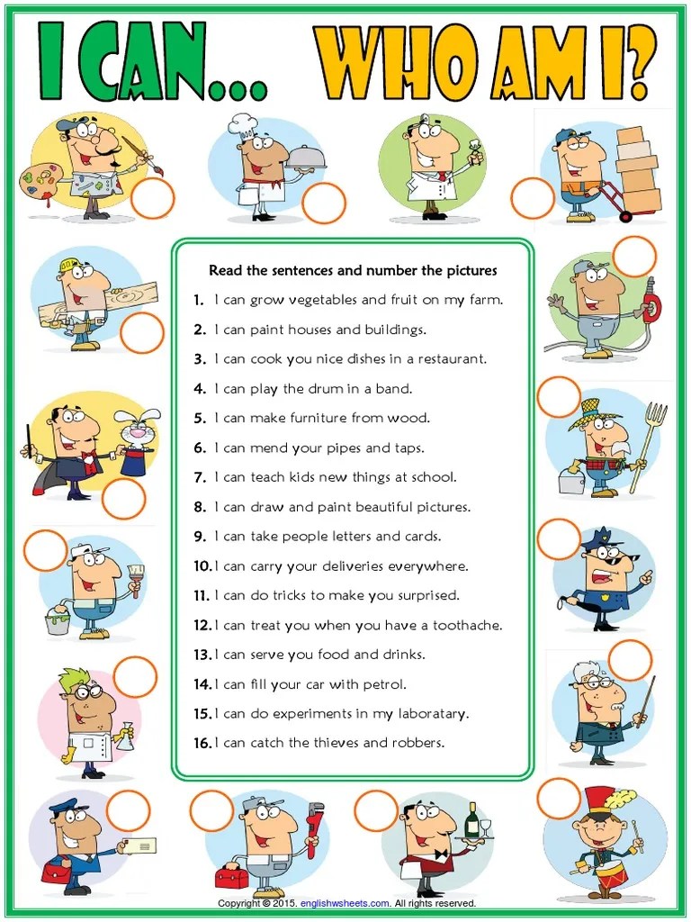 can or cant esl matching exercise worksheet with jobs theme for kids pdf