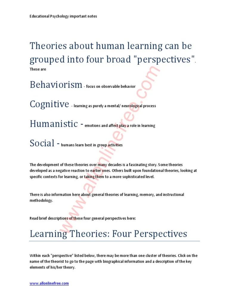 Learning Theories PDF | Download Free PDF | Behaviorism | Educational ...