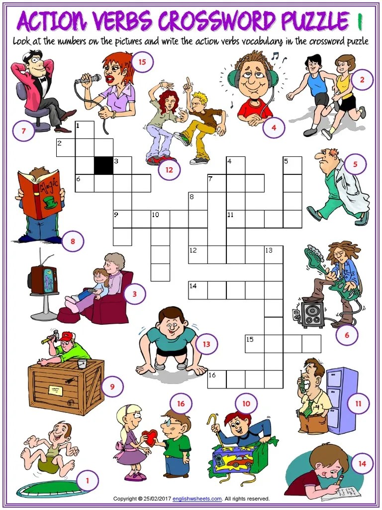action verbs vocabulary esl crossword puzzle worksheets for kids pdf pdf leisure