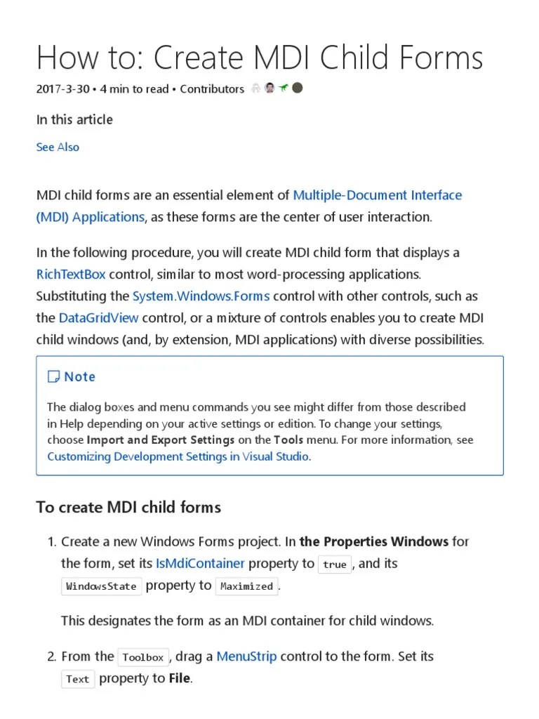 How To - Create MDI Child Forms - Microsoft Docs | PDF | Menu ...