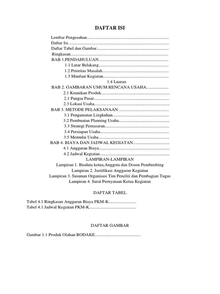 Sebagai contoh, isi buku tentang panduan / tutorial maka . Daftar Isi Proposal Pkm Pdf