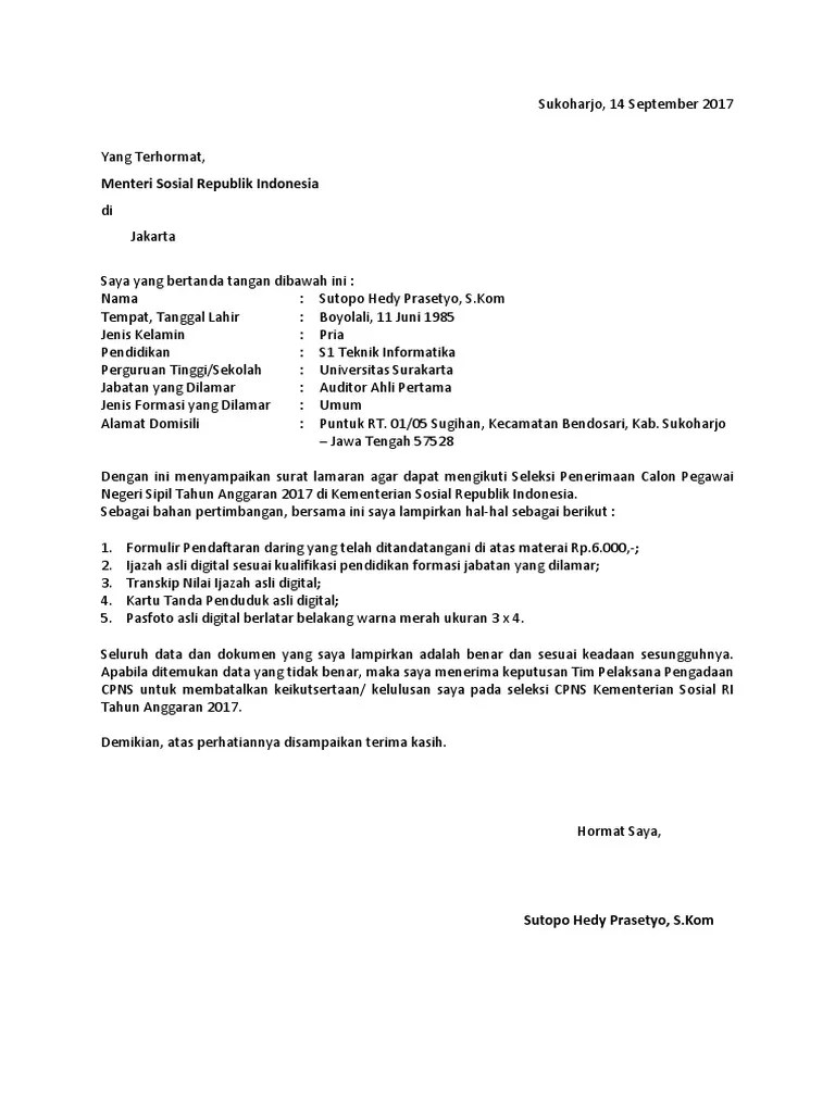 80, contoh surat lamaran cpns 2019 kabupaten pekalongan, 15577 kali, download. Surat Lamaran Kemensos Pdf