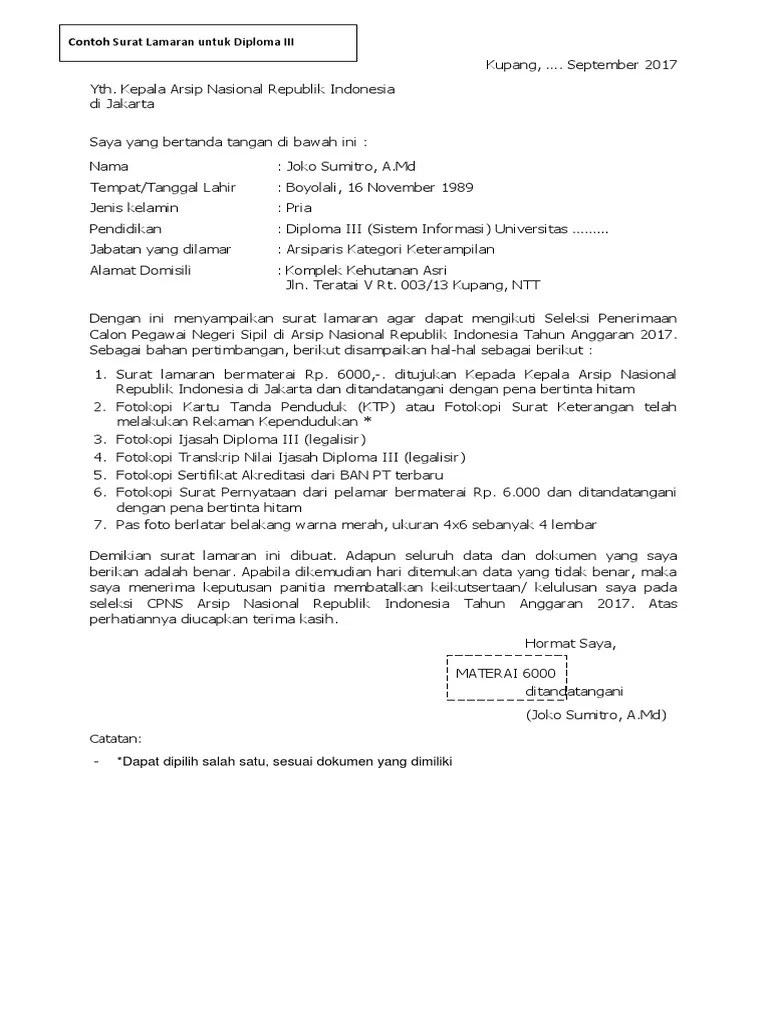 Calon pegawai negeri sipil yang selanjutnya disingkat cpns adalah warga. Surat Lamaran D3 Umum Pdf