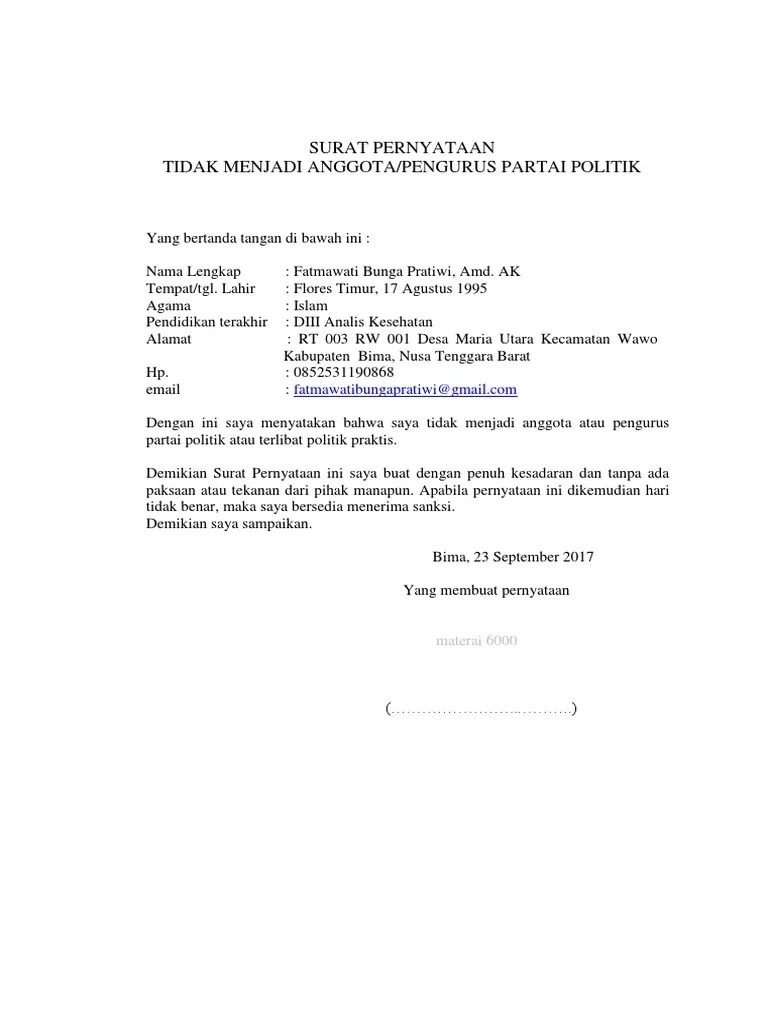 Surat lamaran ditulis dengan tangan memakai tinta hitam dan ditanda tangi oleh pelamar di atas materai rp6000 dengan mencantumkan nama jabatan, . Contoh Surat Pernyataan Tidak Pernah Diberhentikan Sebagai
