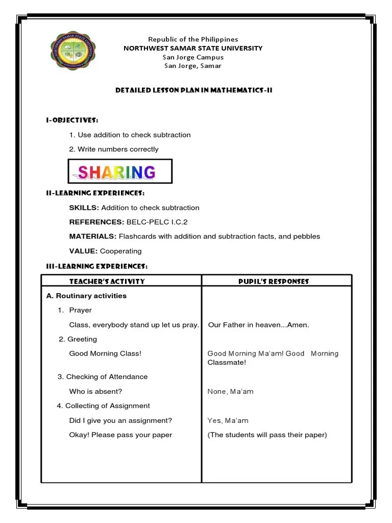 Detailed Lesson Plan In Mathematics Repaired | PDF | Subtraction | Arithmetic