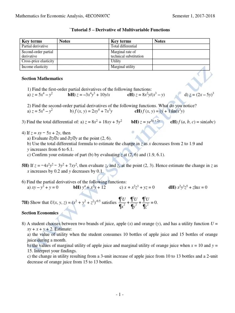 Tutorial 5 - Derivative Of Multivariable Functions | PDF | Production ...
