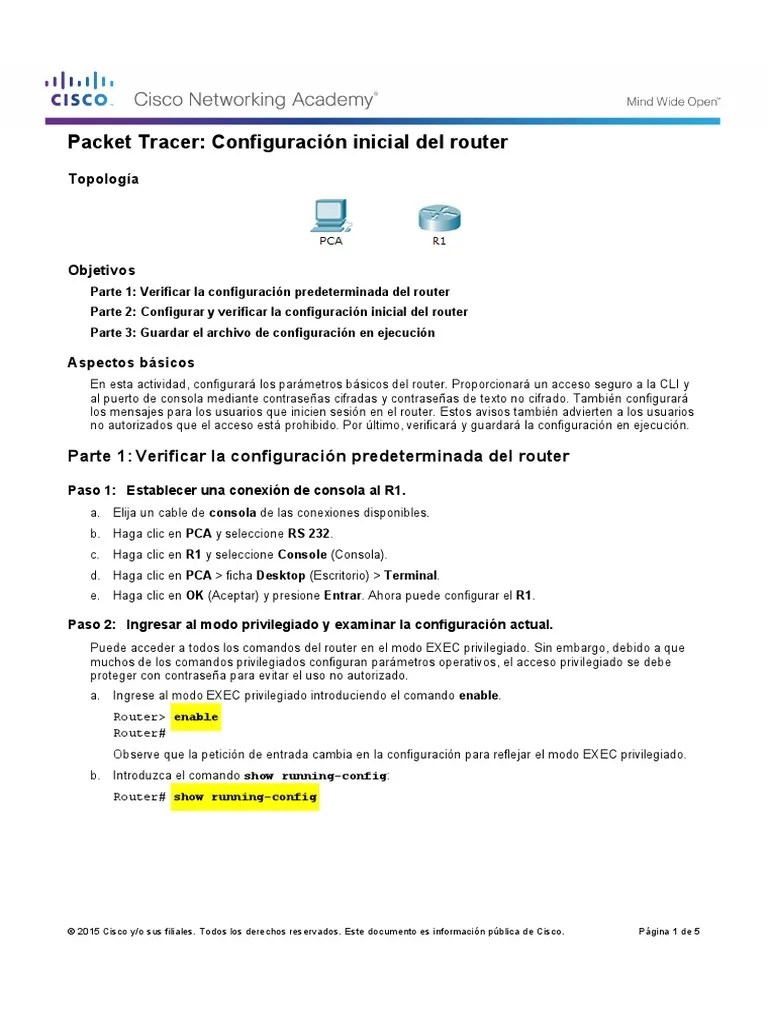 6.4.1.3 Packet Tracer - Configure Initial Router Settings PDF | PDF ...
