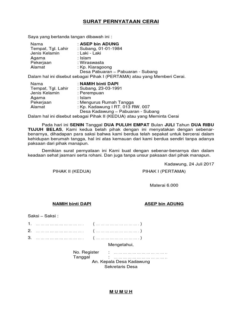 Contoh Surat Pernyataan Cerai