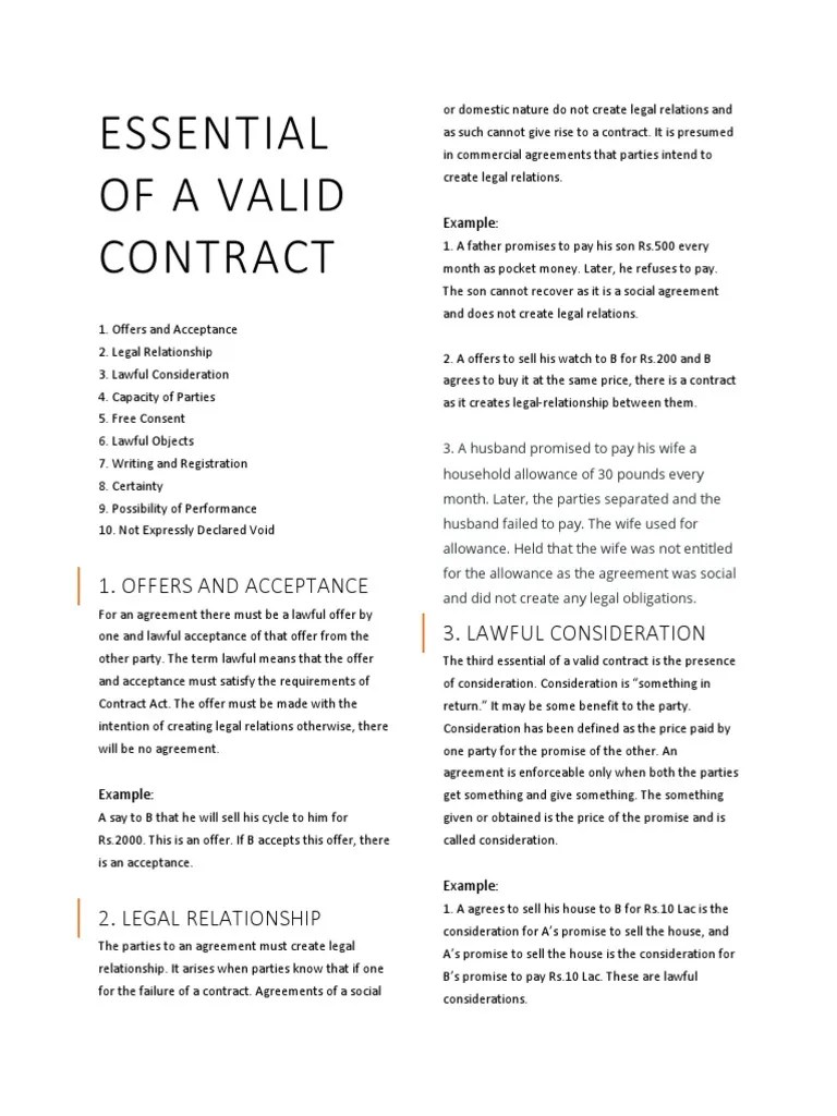 Essential Of A Valid Contract | PDF | Consideration | Offer And Acceptance