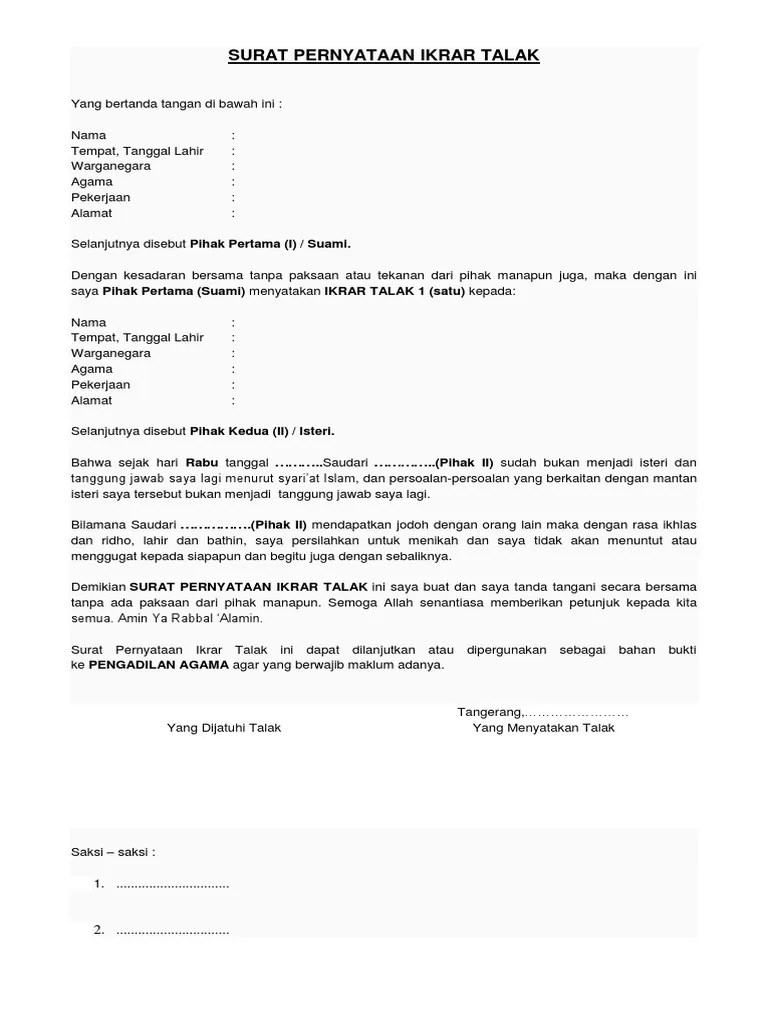 28+ jatuh talak surat pernyataan cerai tulis tangan . Contoh Surat Talak 3 Suami Kepada Istri Berbagi Contoh Surat