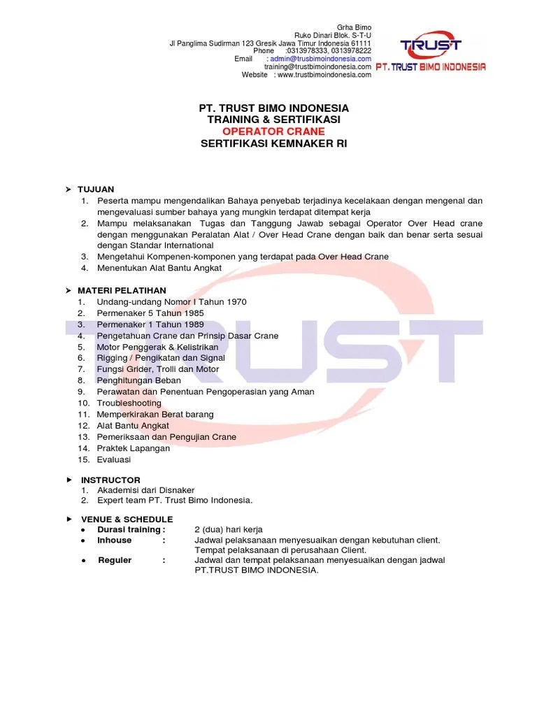 Perubahan metode kerja oleh kontraktor. Operator Crane Proposal Training Pdf