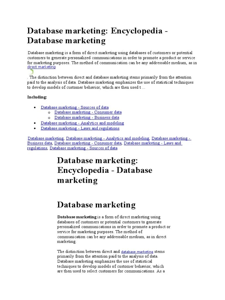 Database Marketing: Encyclopedia - Database Marketing: Including | PDF ...