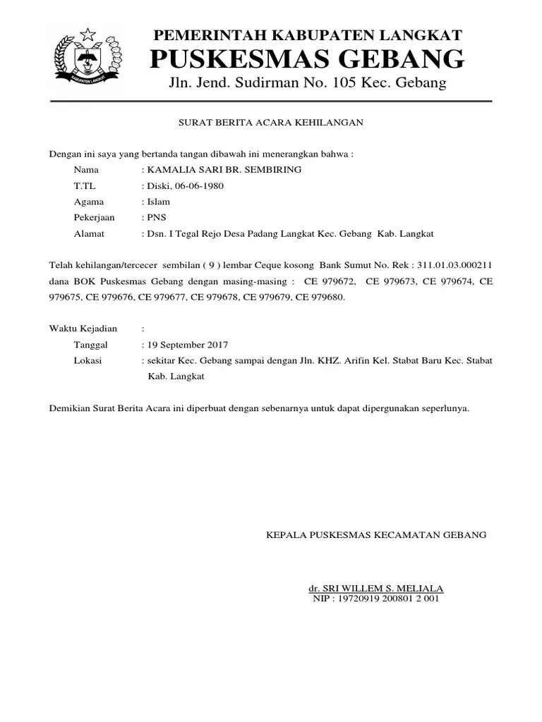 Surat Berita Acara Kehilangan | PDF