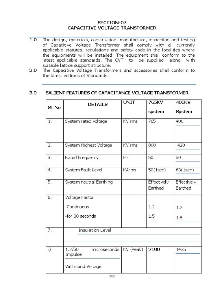Capacitive Voltage Transformer - Specification | PDF | Capacitor | Transformer